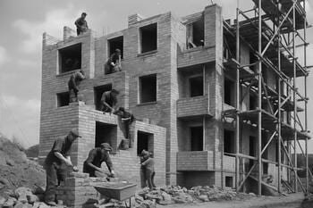 Výstavba družstevného domu s murármi