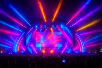 Festivalové javisko v noci so svetlami