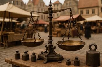 Staré závažia a meradlá na trhovisku