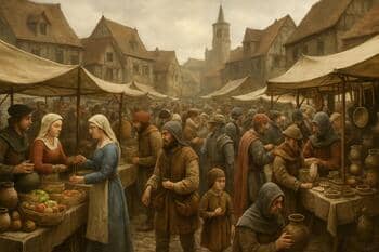 Stredoveký trh na námestí so stánkami