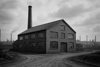 Továrenská hala s komínom a oknami