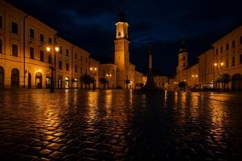 Banská Bystrica s odleskami svetiel na mokrej dlažbe