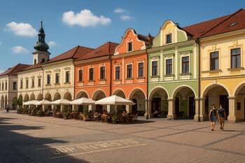 Námestie SNP v Banskej Bystrici s podlubím a farebnými fasádami