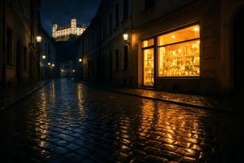 Bratislavská dlažba po daždi so svetlom výkladov