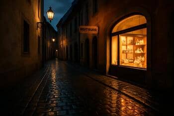 Večerná pasáž v Bratislave so svetlom výkladov