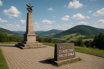 Dukliansky priesmyk s pamätníkom a kopcami v pozadí