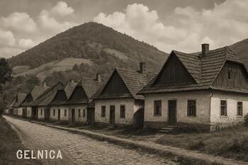 Gelnica s radom baníckych domov a kopcom v pozadí