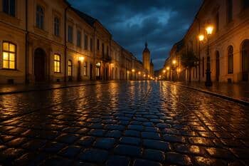 Košická ulica po daždi s mokrými kockami