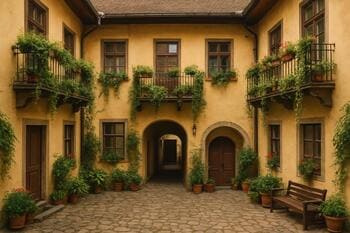 Košický vnútroblok s balkónmi a rastlinami