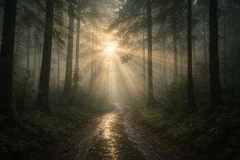 Ranný les s jemnou hmlou a vlhkým chodníkom