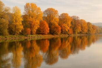 Pokojná hladina rieky Orava s jesenným brehom