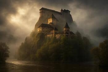 Oravský hrad v rannej hmle na skalnom brale