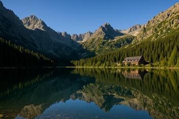 Popradské pleso popoludní s ostrým odrazom štítov