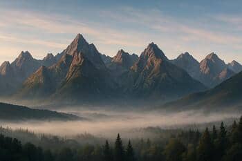 Panoráma Vysokých Tatier s ostrými štítmi a rannou hmlou