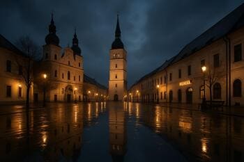 Trnava počas daždivého večera s tichým námestím