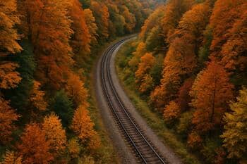 Železničná trať v údolí s výraznou zákrutou medzi stromami
