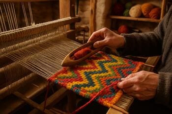 Tkanie na krosnách s pestrou vlnou a tradičným vzorom