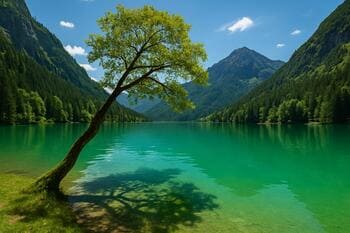 Zelené pleso so smaragdovou farbou a tieňom kosodreviny