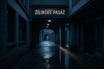 Žilinská pasáž po daždi so studeným tieňom