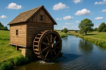 Drevený mlyn pri nábreží s kolesom