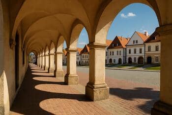 Bardejovské podlubia s oblúkmi a dlhým tieňom