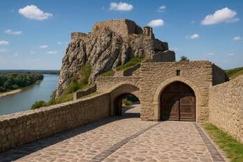 Hrad Devín s hlavnou bránou a výhľadom na sútok riek