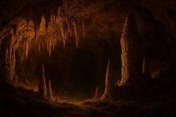 Jaskyňa Domica s teplým svetlom na kvapľoch