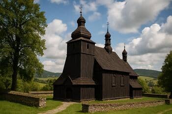 Hervartovský drevený kostol s tmavou fasádou