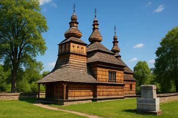 Drevený kostolík v Ladomirovej so šindľovou strechou
