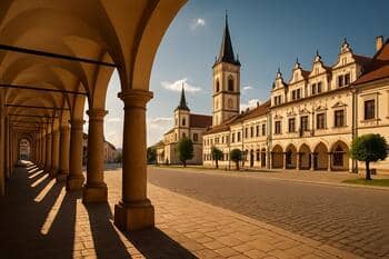 Levočské námestie s dlhým tieňom podlubí