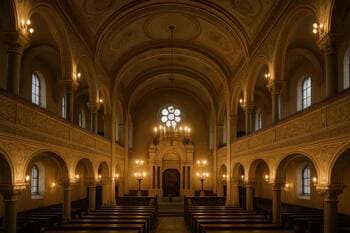 Interiér synagógy v Nitre s balkónom a ornamentom