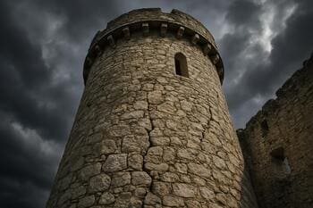 Detail veže Spišského hradu s kamením a štrbinami