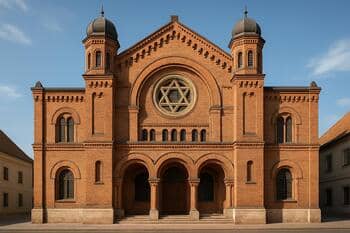 Fasáda synagógy v Trnave s tehlovými oblúkmi