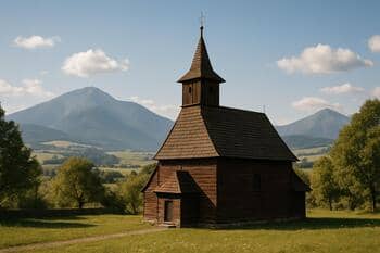 Drevený kostolík pri Tvrdošíne s jednoduchou vežou