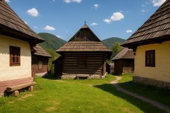 Dvor vo Vlkolínci s drevenými stavbami a trávou